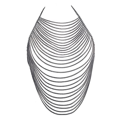 CHRAN Multi-Layer Body Chain Necklace, Gold Metal Chain Halter Top Jewelry, Sexy Chest Chain Accessory for Women - color: Gun Black