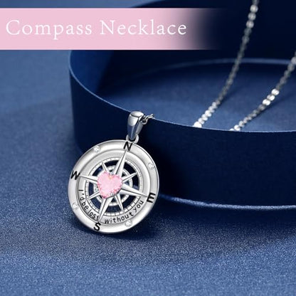 Compass Necklace Sterling Silver Nautical Graduation Gift | 925 Sterling Silver compass pendant with meaningful nautical design, jewelry for women, graduation and travel gift - color: Pink-2