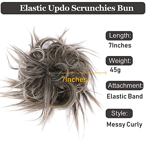 HMD Tousled Updo Messy Bun Hair Piece for Women Curly Hair Bun | Synthetic Messy Hair Bun Scrunchies Tousled Updos Ponytail Hairpieces for Daily Wear - color: Ash Blonde Mix Dark Brown