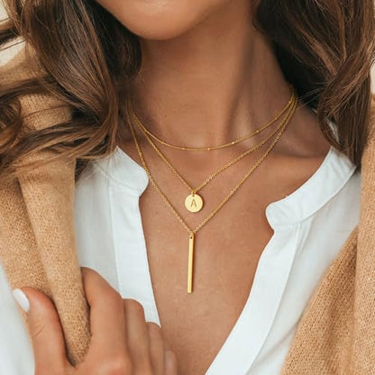 Initial Layered Necklaces for Women, 14K-Gold-Plated Coin Letter Necklace Bar Stacking Layer Necklace Multi Bar Layering Y-Necklaces Jewelry for Women - color: 14K-Gold-Plated, style: S