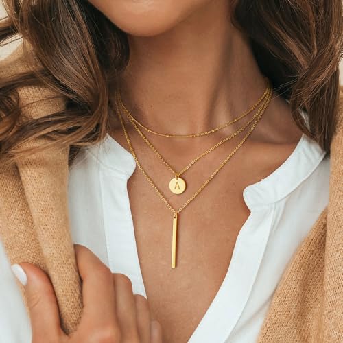 Initial Layered Necklaces for Women, 14K-Gold-Plated Coin Letter Necklace Bar Stacking Layer Necklace Multi Bar Layering Y-Necklaces Jewelry for Women - color: 14K-Gold-Plated, style: L