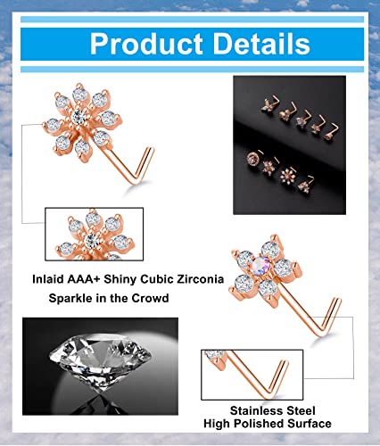 9Pcs Nose Rings Stud L Bone Screw Shaped Nose Ring Flower CZ Snowflake Butterfly Screw Nose Stud Body Piercing Jewelry for Women Men 20G Silver Gold Rose Gold Tone - color: C:Rose Gold Tone