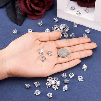 Beadthoven 100pcs Cubic Zirconia Alloy Charms Heart Shaped Platinum Pendants for Jewelry Making Choker Tiny Dangle Accessories - color: Platinum-Heart