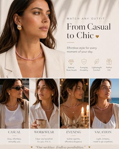 Natural Heishi Gemstone Choker Necklace for Women, Adjustable 15"+2" Beaded Layering Necklace, Coastal Beach Jewelry Gift for Her - color: Rose Quartz (Dark Color)