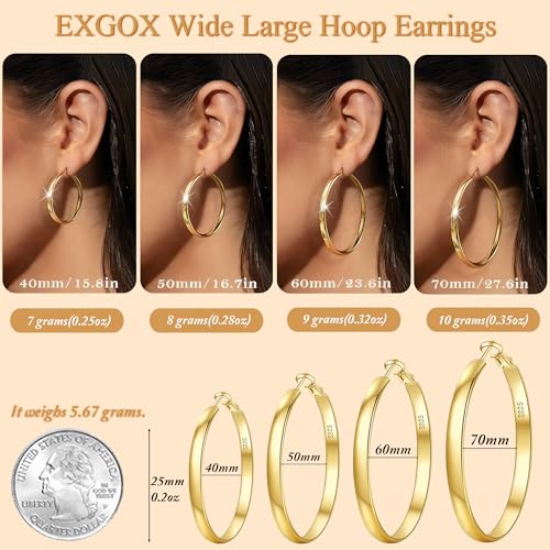 EXGOX 5mm Wide Gold Hoop Earrings for Women,Sterling Silver Hoop Earrings Large Silver Hoop Earrings Hypoallergenic Lightweight 14K Real Gold Plated Big Hoop Earrings for Women 30/40/50/60/70mm - color: Gold Color/40MM