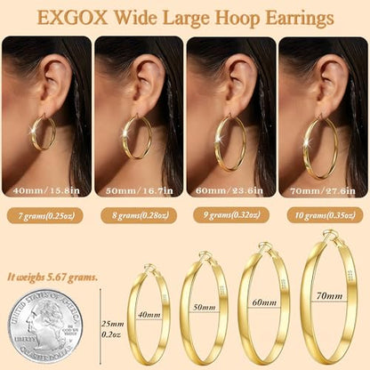 EXGOX 5mm Wide Gold Hoop Earrings for Women,Sterling Silver Hoop Earrings Large Silver Hoop Earrings Hypoallergenic Lightweight 14K Real Gold Plated Big Hoop Earrings for Women 30/40/50/60/70mm - color: Gold Color/60MM