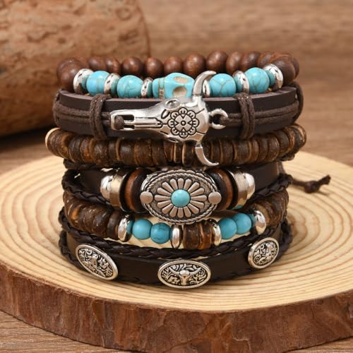 LOTSOF Western Turquoise Beaded Bracelet, Chic Stack Beaded Western Style for Country Concerts, Cowgirl Outfits & Boho Jewelry - color: 6PCS BrownC-Ox Head