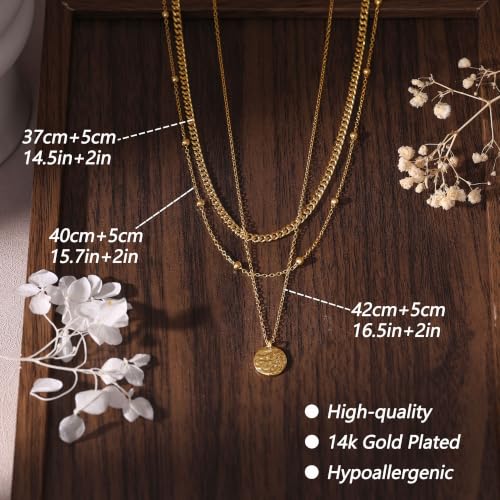 Ewrkbr Layered Necklaces for Women, Dainty Gold Necklace Stack 14k Gold Plated Layering Beaded Chain Choker Necklaces for Women Trendy Simple Disc Star Pendant Necklace Set Fashion Waterproof Jewelry - color: Gold-Cuban