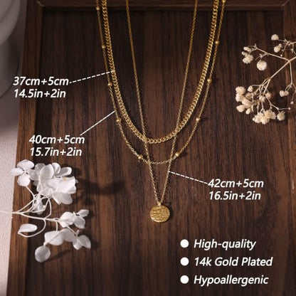 Ewrkbr Layered Necklaces for Women, Dainty Gold Necklace Stack 14k Gold Plated Layering Beaded Chain Choker Necklaces for Women Trendy Simple Disc Star Pendant Necklace Set Fashion Waterproof Jewelry - color: Gold-Cuban