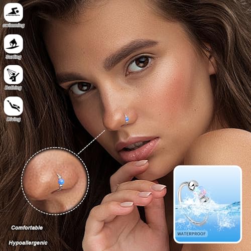 Thiswhyimbeauty 2PCS 18g Opal Nose Rings for Women Nose Hoops 8mm/10mm Hypoallergenic 316L Surgical Steel Nose Rings Piercing Jewelry Can Be Used as a Nose Ring, Septum Ring, and Cartilage Earring - color: A-Silver Blue opal