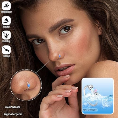 Thiswhyimbeauty 2PCS 18g Opal Nose Rings for Women Nose Hoops 8mm/10mm Hypoallergenic 316L Surgical Steel Nose Rings Piercing Jewelry Can Be Used as a Nose Ring, Septum Ring, and Cartilage Earring - color: A-Silver Blue opal