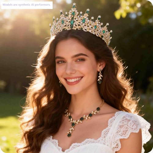 Kamirola Tiaras and Crowns for Women,Tiaras Earrings Necklace, Crystal Bridal Jewelry Set (TR48) - color: Gold Green