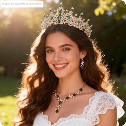 Kamirola Tiaras and Crowns for Women,Tiaras Earrings Necklace, Crystal Bridal Jewelry Set (TR48) - color: Gold Green