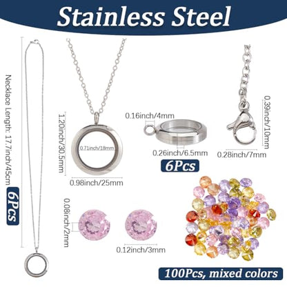 1 Box Stainless Steel 6Pcs Round Memory Locket Floating Memory Glass Necklace Chain Cubic Zirconia Cabochons Polished Keepsake Living Locket Necklace for Pendant Women Friendship Decoration - style: silver