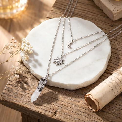 Gothic Emo Grunge Crescent Moon Layered Choker for Women | Boho Moon Sun Star Crystal Pendant Necklace, Punk Witchy Halloween Christmas Jewelry Accessories Gifts - color: White