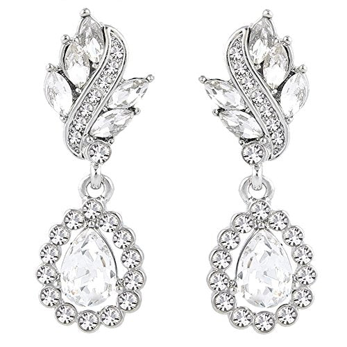 EleQueen Women's Austrian Crystal Art Deco Tear Drop Dangle Earrings Clip-on - color: 03-Silver-tone Clear