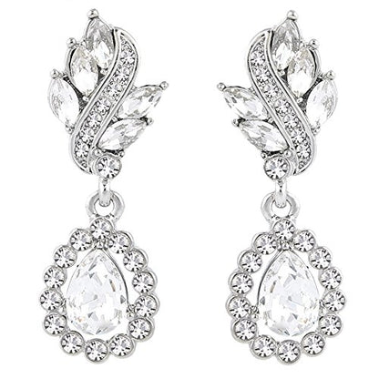 EleQueen Women's Austrian Crystal Art Deco Tear Drop Dangle Earrings Clip-on - color: 03-Silver-tone Clear