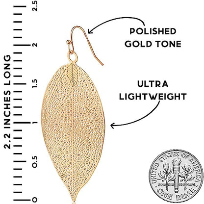 Leaf Earrings for Women - Gold or Silver Tone Filigree Dangle Earrings | Plated in Gold Tone or Silver Tone - color: 2.2" inch - Small Gold