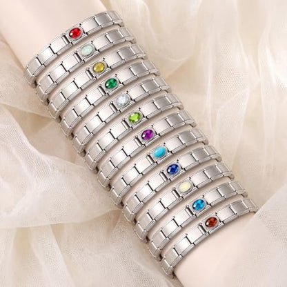 GEMOSA Birthstone Italian Charm Bracelet - 18 Links 9mm x 10mm Stainless Steel Base Bracelet with Birthstone Charm & Link Opener Tool, Polished Silver Finish Jewelry Gift Box Set for Women - color: 09-Sep-Sapphire