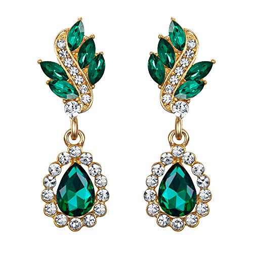 EleQueen Women's Austrian Crystal Art Deco Tear Drop Dangle Earrings Clip-on - color: 06-Gold-tone Emerald Color