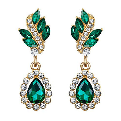 EleQueen Women's Austrian Crystal Art Deco Tear Drop Dangle Earrings Clip-on - color: 06-Gold-tone Emerald Color