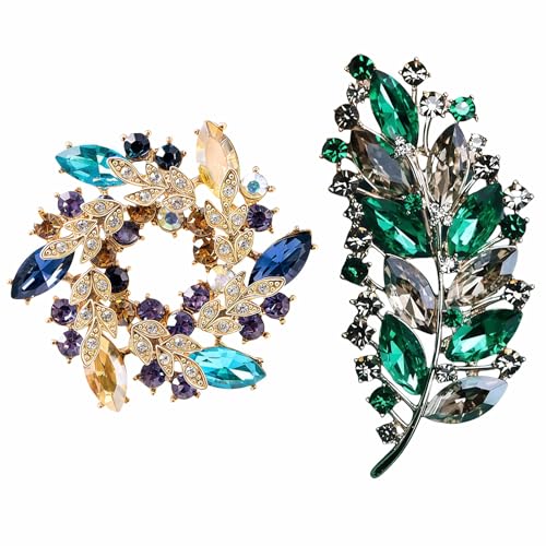 2pcs Rhinestone Brooch Pin for Women Dress Elegant Stylish Crystal Brooches Fashion Accessories Pins Lapel Boutonniere Ideas Wedding Christmas Birthday Jewelry Easter Gift - color: 20 Green Leaves/Colorfull