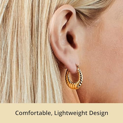14k Yellow Gold Plated Hoop Earrings for Women with Click Top | Anti Tarnish Lightweight Chunky 14K Gold Hoop Earrings | Hypoallergenic Gold Plated Earrings 0.6 to 1.2 Inches by MAX + STONE - style: Oval Sectioned
