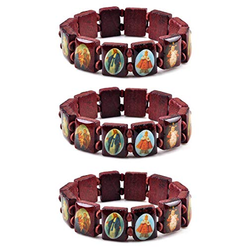 yantu Elastic Strechable Wooden Small Panel Bracelet with Images of Religious Saints, Jesus and Rosary