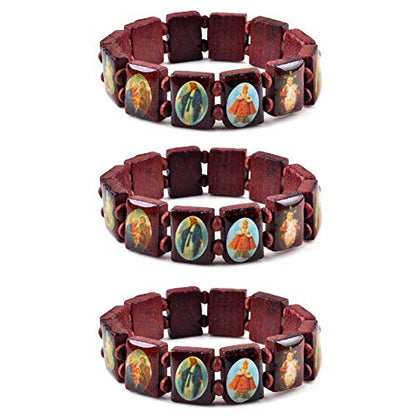 yantu Elastic Strechable Wooden Small Panel Bracelet with Images of Religious Saints, Jesus and Rosary