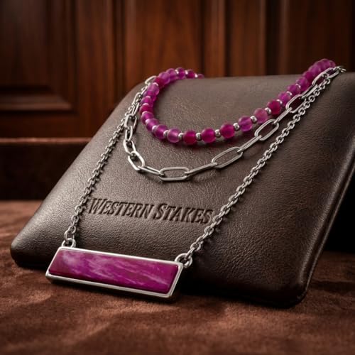 Layered Stone Necklace, Triple Strand Beaded Choker with Paperclip Chain, Boho Western Fashion Jewelry - color: Pink
