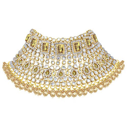 Aheli Traditional Wedding Indian Bharatanatyam jewellery set Long Choker Necklace Earrings Maang Tikka Nath Paasa Hath Phool for Women - color: Champagne
