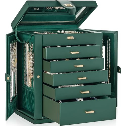 AKOZLIN 6-Tier Jewelry Box Organizer Functional 5 Drawers Leather Jewelry Storage Case for Women Girls Ring Necklace Earring Bracelet Holder Organizer with Mirror XL Green 360° Rotating - color: Forest Green, size: XXLarge