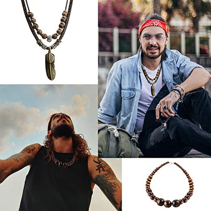 Wood Bead Necklace Africa Wooden Chain Statement Unisex Chunky Necklaces - color: 1 wood necklace+1 leaf neklace