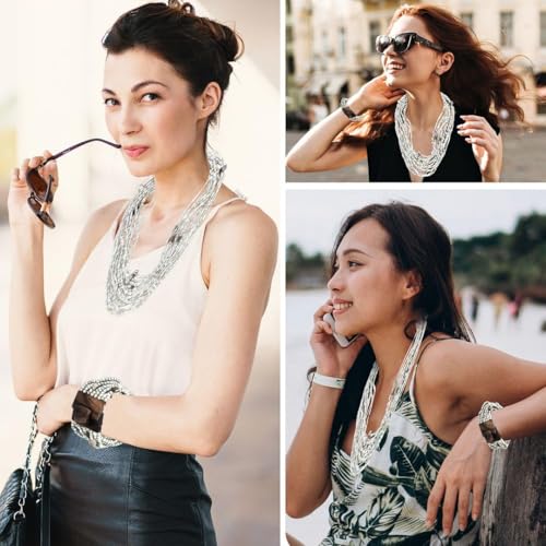 Shop LC Seed Bead Necklace Bracelet Set Boho Jewelry for Women | Multi Layered Boho, Wooden Clasp, 18 Inch Necklace, Stretchable Bracelet - color: White