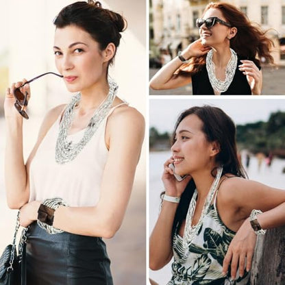 Shop LC Seed Bead Necklace Bracelet Set Boho Jewelry for Women | Multi Layered Boho, Wooden Clasp, 18 Inch Necklace, Stretchable Bracelet - color: White
