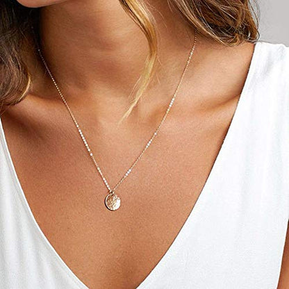 Turandoss Gold Layered Necklaces for Women - 14K Gold Plated Handmade Multilayer Bar Pearls Coin Disc Moon Butterfly Medallion Adjustable Dainty Layered Choker Necklaces for Women Jewelry - style: 4 Layered Necklace - Chain&Beads&Bar&Hammered Disc&Bar