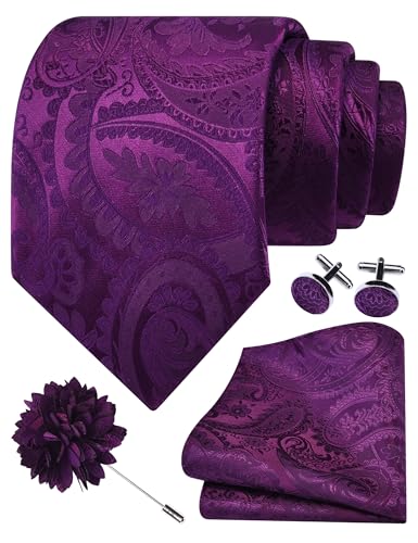 GUSLESON Paisley Tie Set for Men 3.15" Necktie Lapel Pin Hankerchief Cufflinks Set for Men - color: Purple