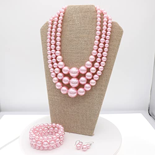 We We Imitation Pearl Necklace for Women Large Chunky Pearl Necklaces Multilayer Pearl Necklace and Earring 1920s Costume Jewelry set - color: pink pearl necklace set