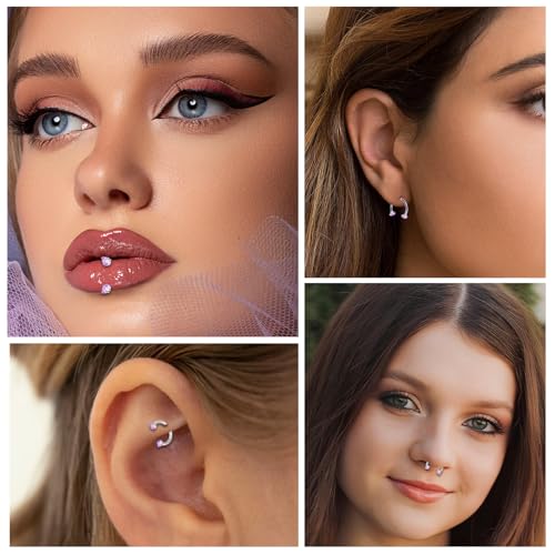 ONESING 9-40 Pcs Nose Rings - Hoops, Studs & L Shape - Hypoallergenic Stainless Steel Nose Piercings for Women & Men - color: 2pcs-16G Purple CZ