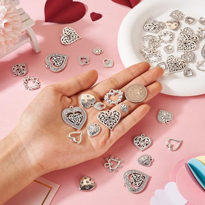 Elecrelive Crystal Heart Charms Rhinestone Heart Pendants Valentine Charms for Necklace Bracelet Earring Wedding Jewelry - color: Antique Silver, 48pcs