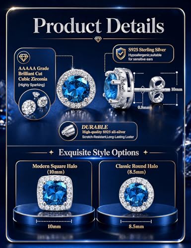 2 Pairs S925 Sterling Silver Stud Earrings for Women Halo Cubic Zirconia | 14K Gold Plated Hypoallergenic Non Tarnish Round Square Silver Stud Earring for Women Men Dainty Trendy Jewelry - style: Silver-Blue Stone