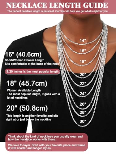 FOCALOOK Womens Chain Necklace, 1/1.4/2mm Thin Cable Link Necklace Chain | Hypoallergenic 316L Stainless Steel, Non Tarnish, Sturdy Chain for Pendants, 14K Gold Plated/Silver/Rose Gold/Black, 14-30" - color: 2mm Silver, size: 20 Inch