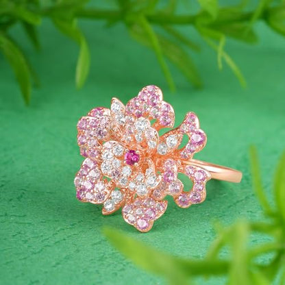 Santuzza Sterling Silver Gemstone Flower Ring for Women - color: [A]Peony-Pink & White