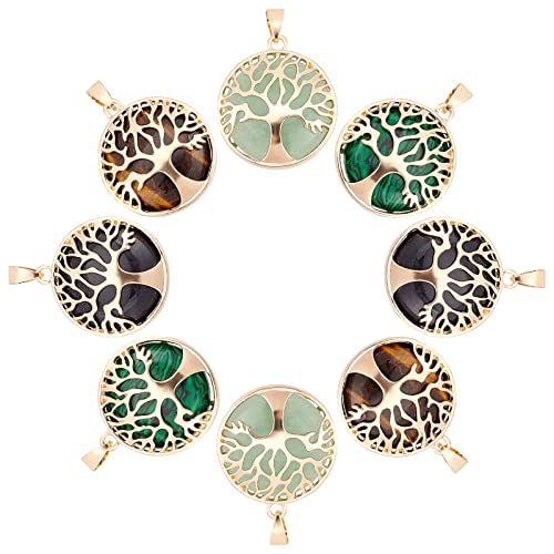 PH PandaHall Tree of Life Pendant Crystal Stone Charms Natural Synthetic Gemstone Pendant Flat Round Quartz Charms