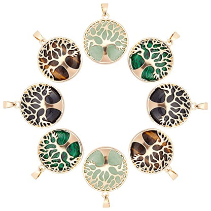 PH PandaHall Tree of Life Pendant Crystal Stone Charms Natural Synthetic Gemstone Pendant Flat Round Quartz Charms