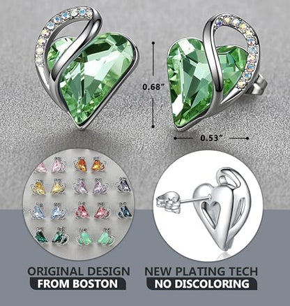 Infinity Love Heart Stud Earrings for Women, Birthstone and Healing Stone, Gifts for Mom, Wife, and Her, Silver Plated - color: 08b-August-Healing Stone for Confidence-Light Chrysolite Green