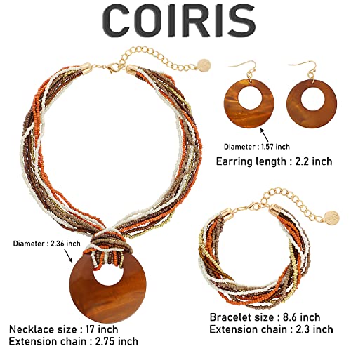 Coiris Multi Strand Statement Colorful Beaded Necklace with Big Circle Shell Pendant for Women - color: ST0012-Dark Brow