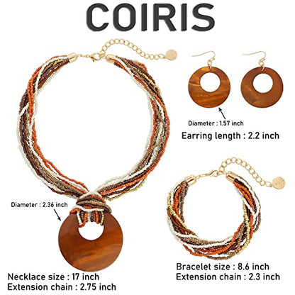 Coiris Multi Strand Statement Colorful Beaded Necklace with Big Circle Shell Pendant for Women - color: ST0012-Dark Brow