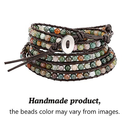 Emibele Layered Leather Bracelet, Rivet Leopard Print Bohemian Style Multilayer Wrap Bracelet, Handmade Agate Amethyst Chakra Crystal Glass Beaded Shell Bracelet for Women - color: Mixed Color