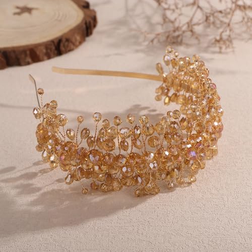 Denifery Large Crystal Headband for Wedding Bridal Hair Band Headpiece for Party Prom Hair Accessories (Champagne) - color: Champagne